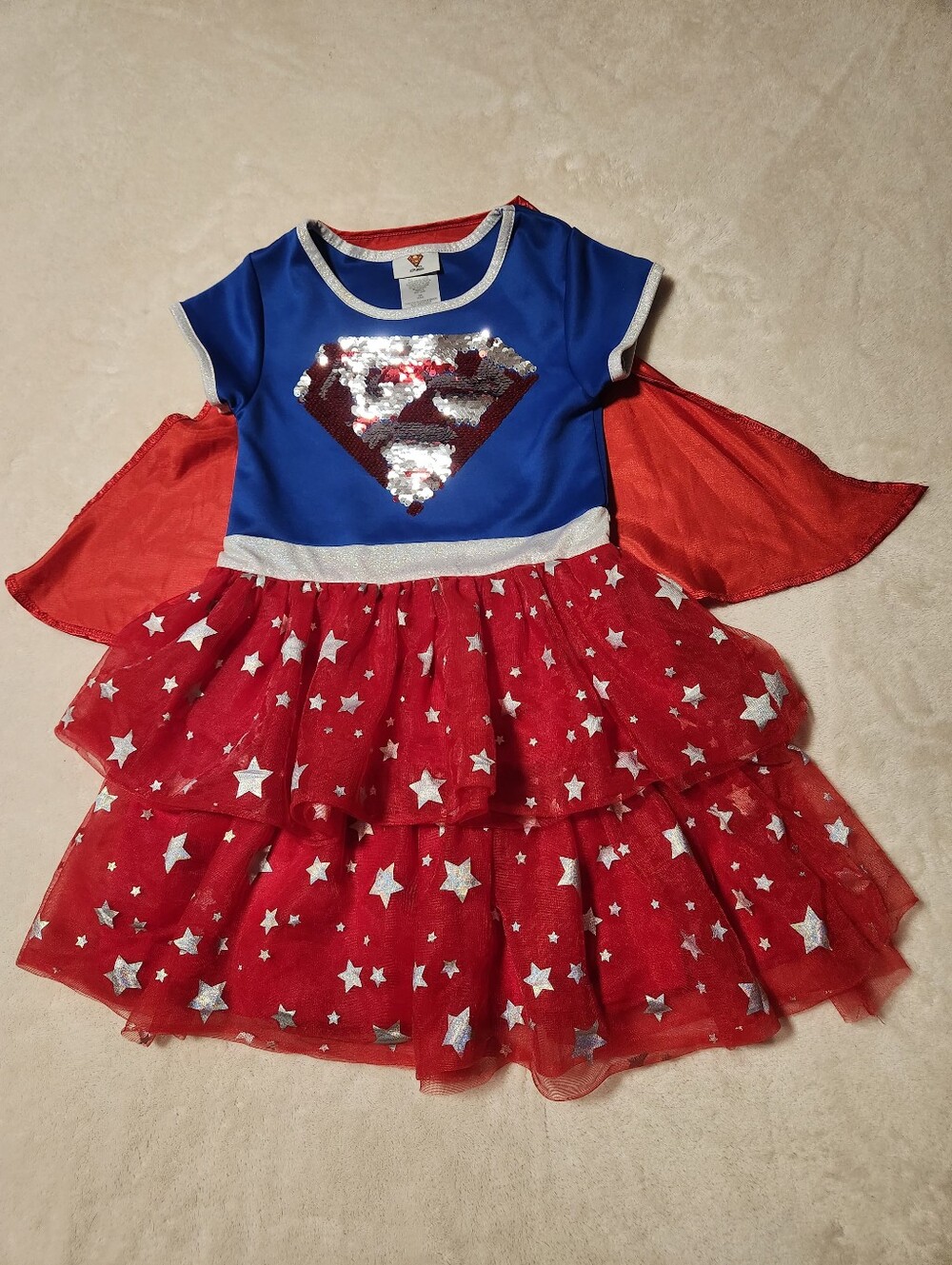 Supergirl-Inspired Blue and Red Sequin Dress Costume Girls Sz 6/6X With Cape